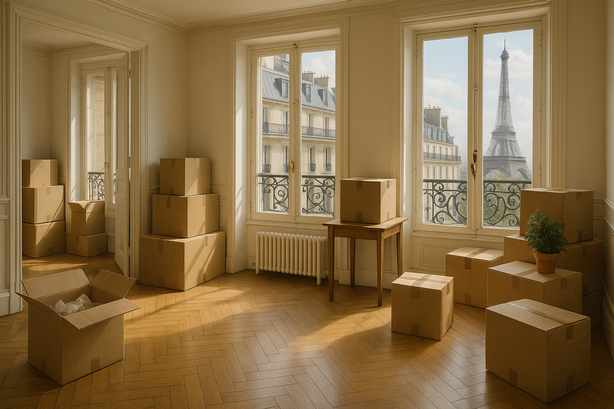 Intérieur d’un appartement parisien en cours de déménagement dans le 7ᵉ arrondissement de Paris, avec parquet haussmannien, cartons de déménagement et vue sur la Tour Eiffel